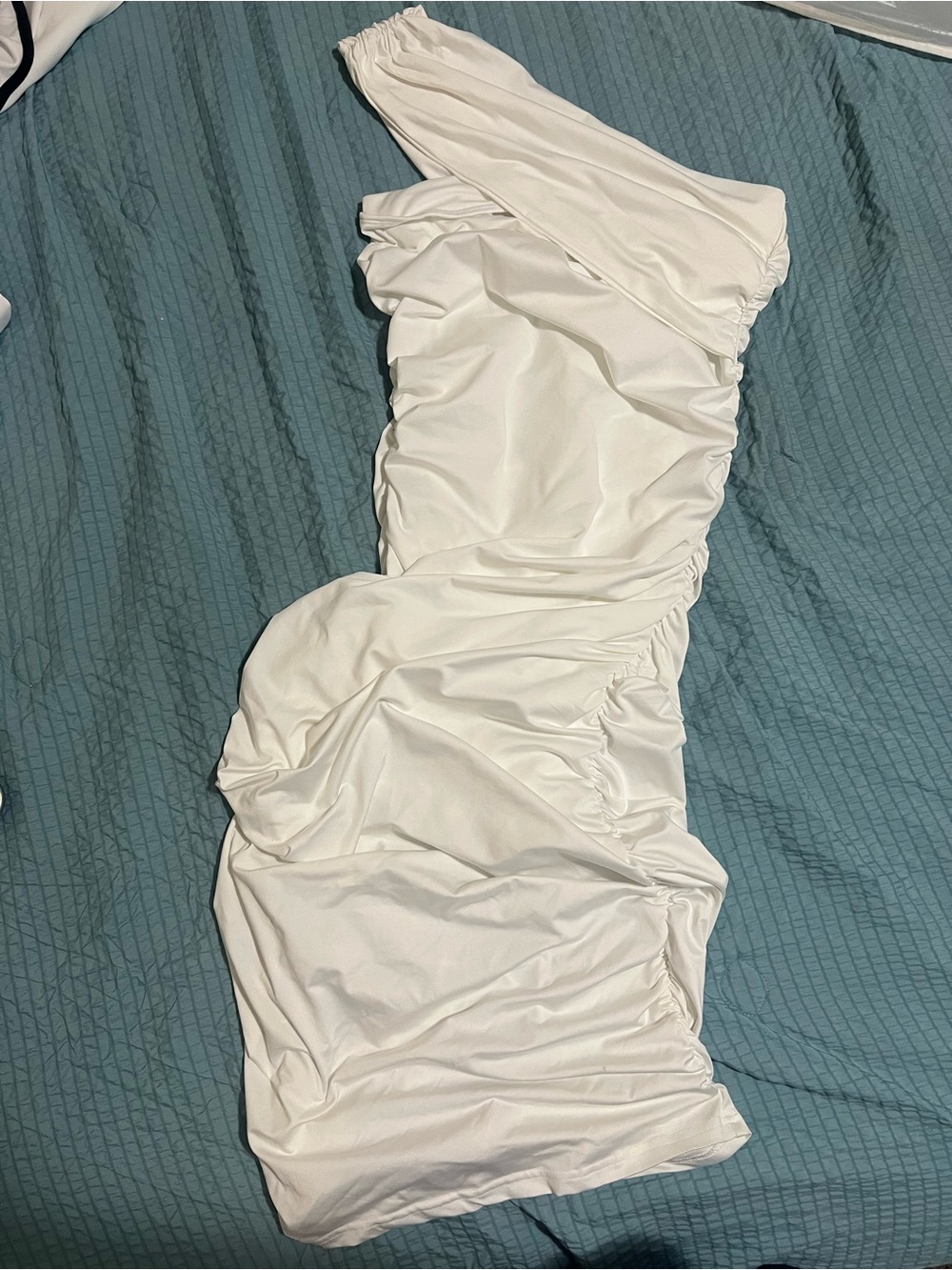 Fashion Nova One-Shoulder White Ruched Midi Dress - Picture 3 of 4